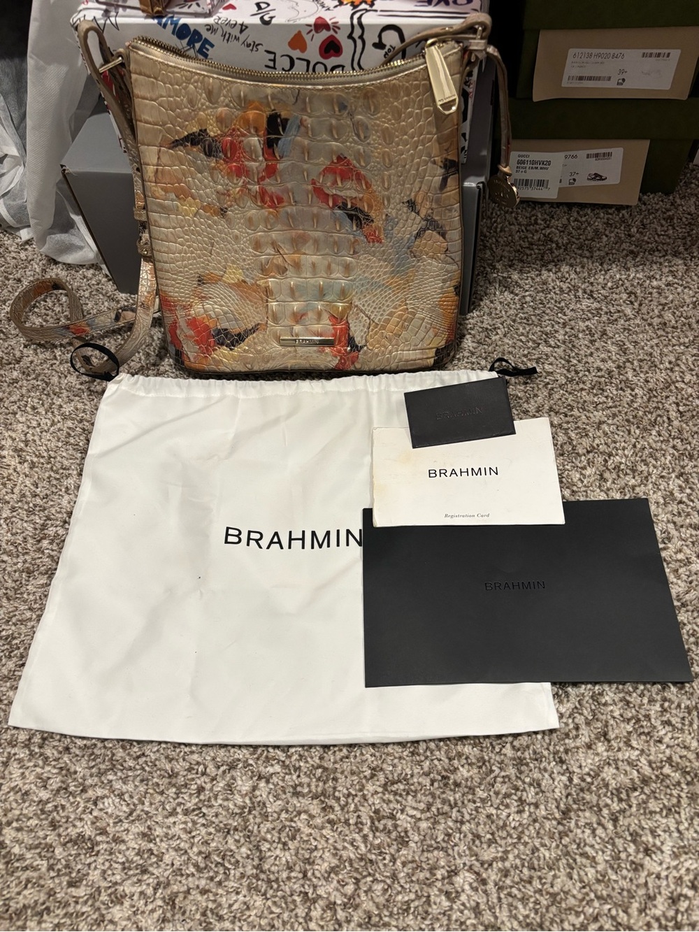Brahmin Beige Floral Croc-Embossed Crossbody with Gold Hardware